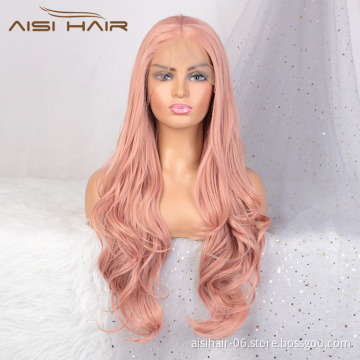 Aisi Hair Popular 26 Inch Long Wavy Pink Wig Swiss Lace Front Wig Cosplay Body Wave Lace Frontal Hair Wigs For White Black Women